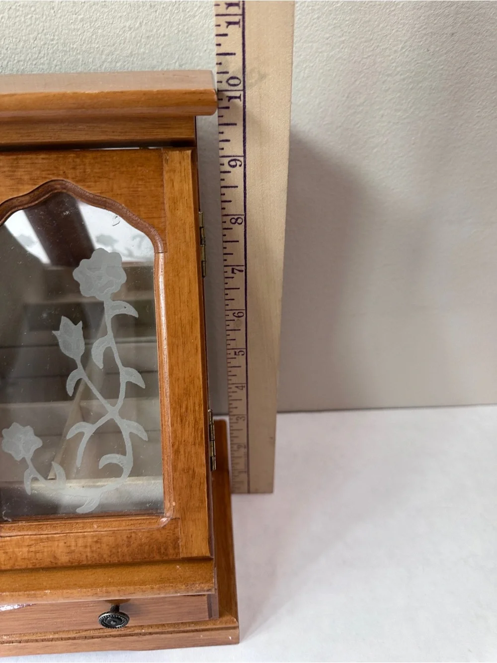 Vintage Wooden Jewelry Armoire Box Etched Glass Rose Doors Drawer